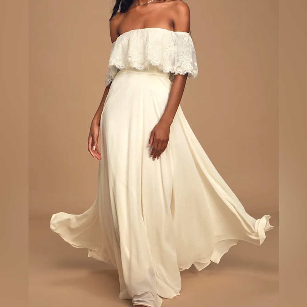 Lulu's Everlasting Love Cream Lace Off-The-Shoulder Maxi Dress